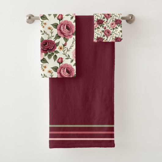 Bordeauxroze bloemmotief roos bad handdoek (Insitu)