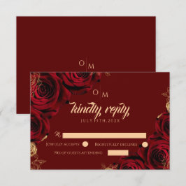 Bordeauxroze en gouden roos Huwelijksreactiekaart RSVP Kaartje