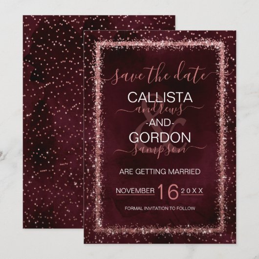 Bordeauxroze goud gestrooide confetti bruiloft save the date (Voorkant / Achterkant)