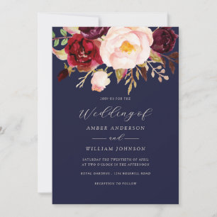 Bordeauxroze Navy Bloemen Bruiloft Kaart