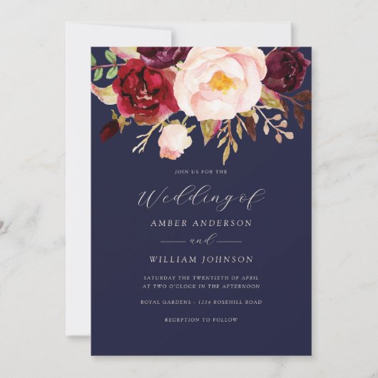 Bordeauxroze Navy Bloemen Bruiloft Kaart (Voorkant)