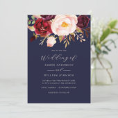 Bordeauxroze Navy Bloemen Bruiloft Kaart (Staand voorkant)