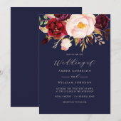 Bordeauxroze Navy Bloemen Bruiloft Kaart (Voorkant / Achterkant)