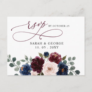 Bordeauxroze Navy Groene Bloemen Bruiloft Rsvp Briefkaart