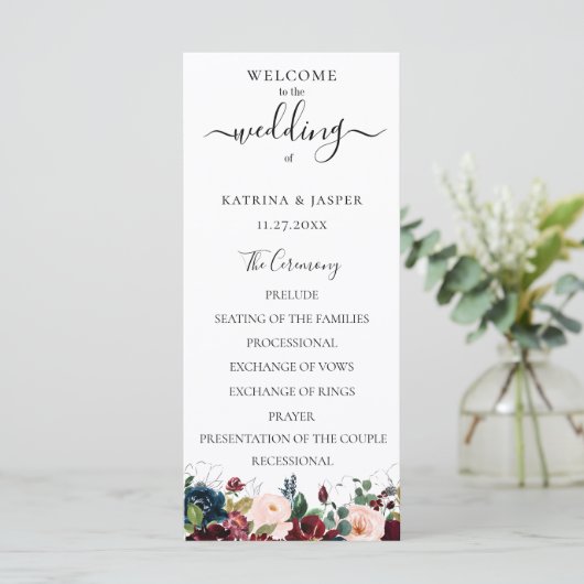 Bordeauxroze Navy Waterverf Bloem Bruiloft Programmakaart (Staand voorkant)