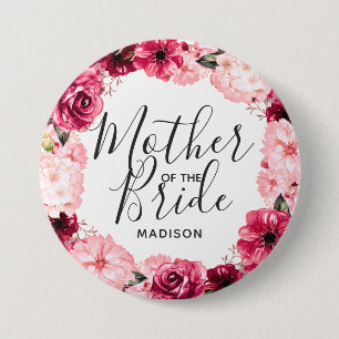 Bordeauxroze & Roze Bloemenkrans Moeder van de Bru Ronde Button 7,6 Cm