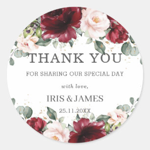 Bordeauxroze Roze Bloemige Trouw Bruiloft Verjaard Ronde Sticker