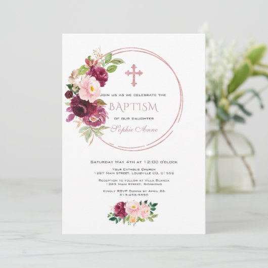 Bordeauxroze Saffraan Bloem Roze Goud Doop Kaart (Staand voorkant)