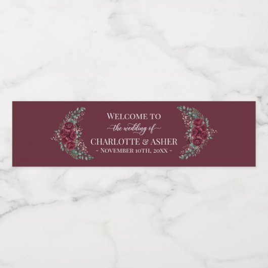 Bordeauxroze waterfleslabels bruiloft waterfles etiket (Enkel label)