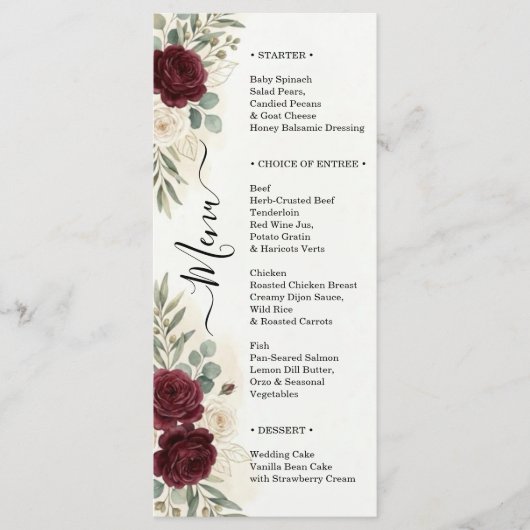 Bordeauxrozen Trouwdiner Script Elegant Menu (Voorkant)