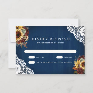 Bordeauxrozen Zonnebloem Navyblauw Kant Trouw RSVP Kaartje