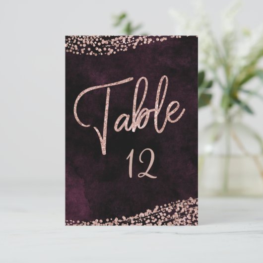 Bordeauxwijn & Rose Goud Trouwtafel Nummers Kaart (Staand voorkant)