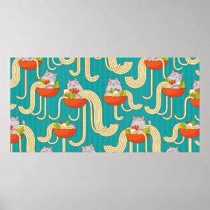 Borden noedels en grappige katten. Noedels met spi Poster