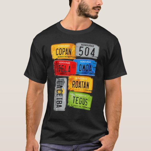 Borden van de turistische Honduras Copan Tela Omoa T-shirt (Voorkant)