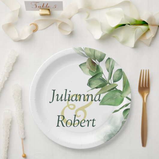 Borden van groenpapier met waterverf papieren bordje (Huwelijk)