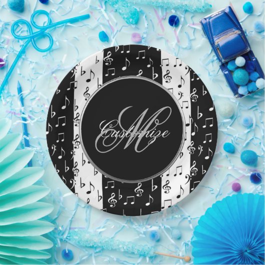Borden van Monogram Black & White Musical Stripes Papieren Bordje (Feest)