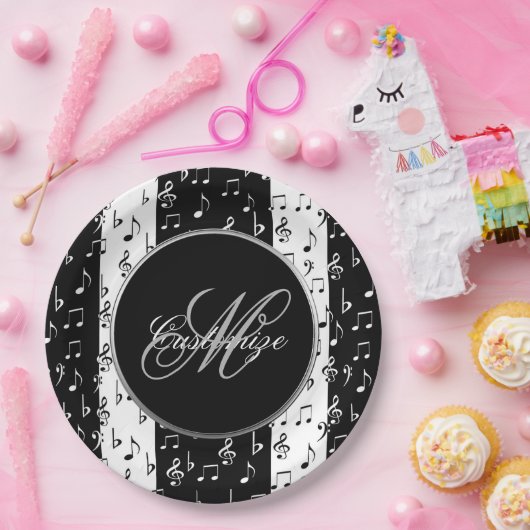 Borden van Monogram Black & White Musical Stripes Papieren Bordje (Feest)
