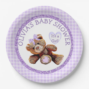 Borden van PAARSE Teddy Bear-Baby shower Papieren Bordje