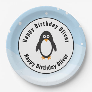 Borden van Penguin-verjaardagsfeest met sneeuwscè Papieren Bordje