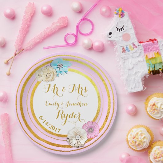 Borden van roze, blauwe en goudflinterpapier papieren bordje (Feest)