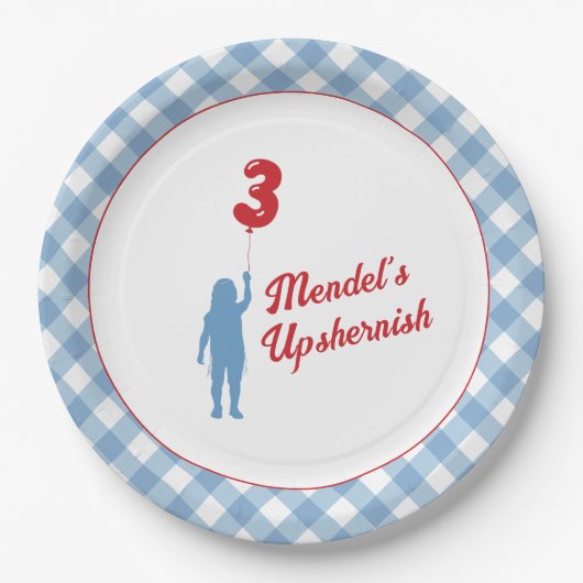 Borden voor blauw Gingham Upsherin Paper Papieren Bordje (Voorkant)