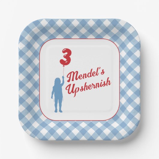 Borden voor blauw Gingham Upsherin Paper Papieren Bordje (Voorkant)