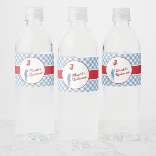 Borden voor blauw Gingham Upsherin Paper Waterfles Etiket (Flessen)