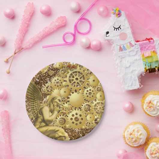 Borden voor kerstpapier, Merry Gold Angel Papieren Bordje (Feest)