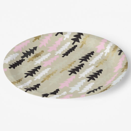 Borden voor roze en gouden kerstboompapier papieren bordje (Gekanteld)