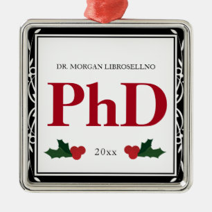 Border Black White Red Holly Name Year PhD Metalen Ornament