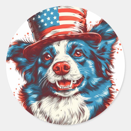 Border colie met een Amerikaanse vlag pet Ronde Sticker (Voorkant)