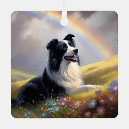 Border Collie Aangepaste naam Memorial Rainbow Bri Metalen Ornament (Voorkant)