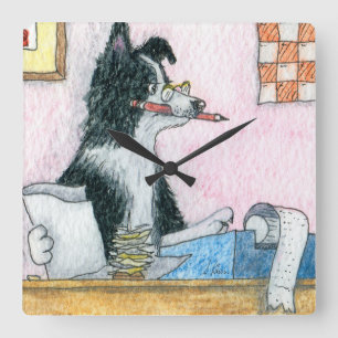 Border Collie Accountant Vierkante Klok