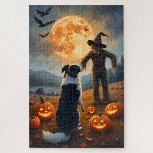 Border Collie Behekste Pompoenveld Halloween Kunst Legpuzzel (Verticaal)