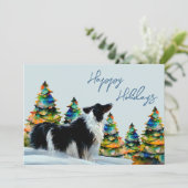 Border Collie bij Kerstboom in winters sneeuwlands Feestdagenkaart (Staand voorkant)