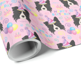 Border Collie Birthday Gift Wrapping Paper Pink Cadeaupapier
