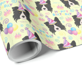 Border Collie Birthday Gift Wrapping Paper Yellow Cadeaupapier
