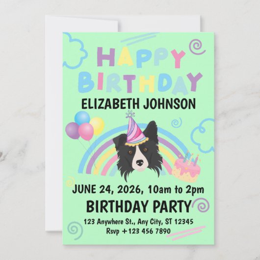 Border Collie Birthday Party Invitation Green Kaart (Voorkant)