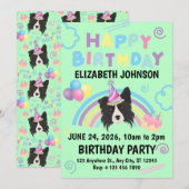 Border Collie Birthday Party Invitation Green Kaart (Voorkant / Achterkant)