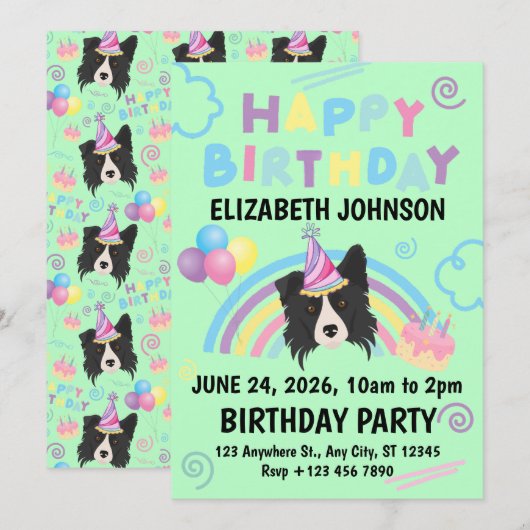 Border Collie Birthday Party Invitation Green Kaart (Voorkant / Achterkant)