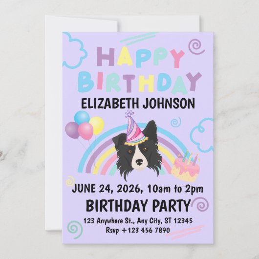 Border Collie Birthday Party Invitation Purple Kaart (Voorkant)