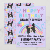 Border Collie Birthday Party Invitation Purple Kaart (Voorkant / Achterkant)