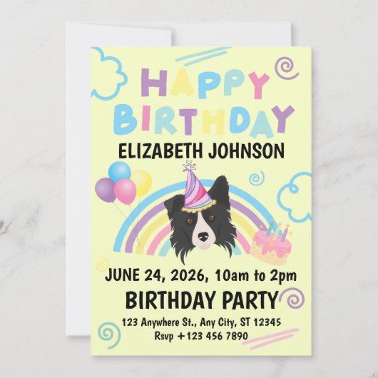 Border Collie Birthday Party Invitation Yellow Kaart (Voorkant)