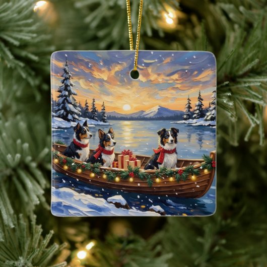 Border Collie Christmas Boat Holiday Keramisch Ornament (Boom)