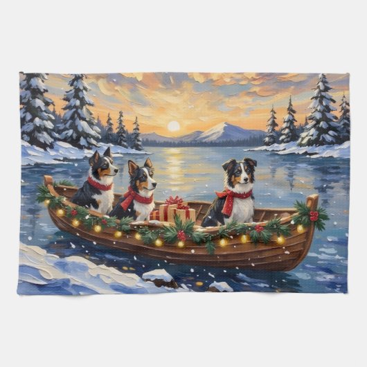 Border Collie Christmas Boat Holiday Theedoek (Horizontaal)