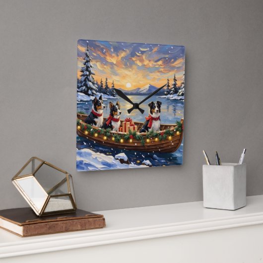Border Collie Christmas Boat Holiday Vierkante Klok (Kantoor)