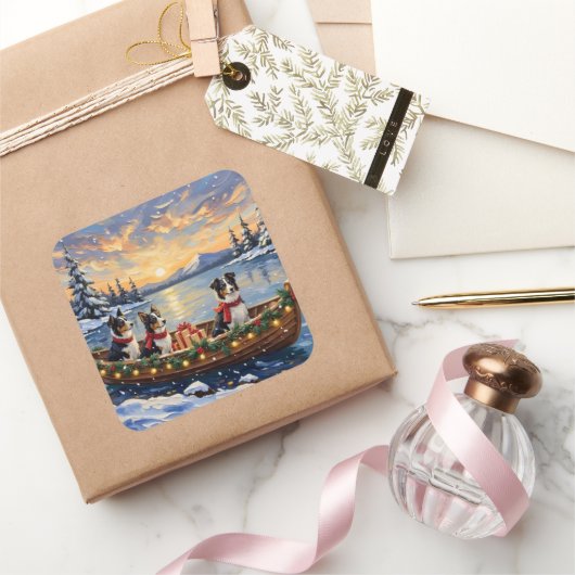 Border Collie Christmas Boat Holiday Vierkante Sticker (Geschenken)