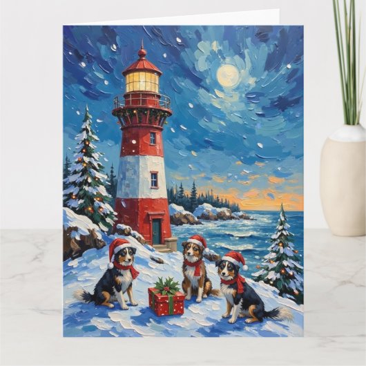 Border Collie Christmas Lighthouse Holiday Kaart (Voorkant)