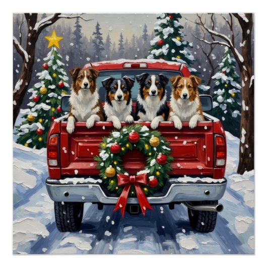 Border Collie Christmas Red Truck Holiday Perfect Poster (Voorkant)