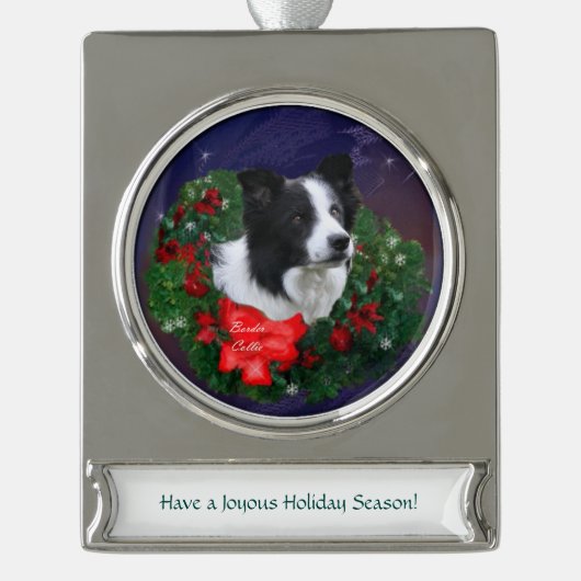 Border Collie Christmas Verzilverd Banner Ornament (Voorkant)